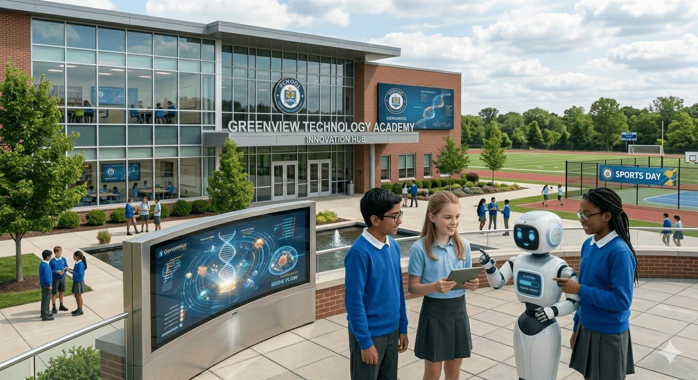 A modern school campus where students use AISTea AI tutors